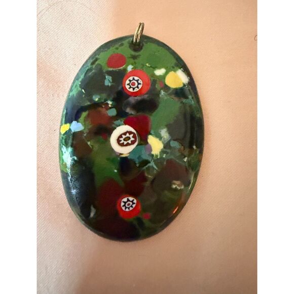 Vintage Murano Millefiori Glass Pendant Oval Green Art Glass Italy Mid Century - Picture 1 of 4